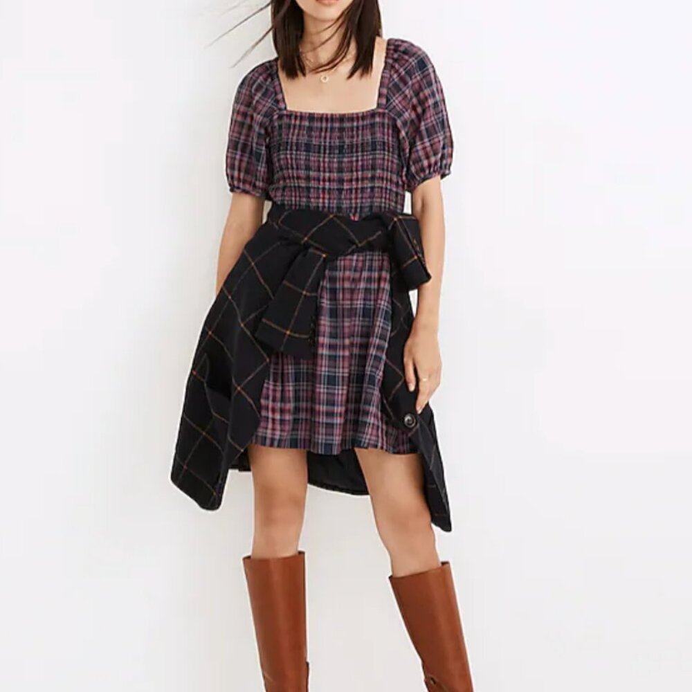 MADEWELL Lucie Puff-Sleeve Smocked Mini Dress in Rockfern Plaid